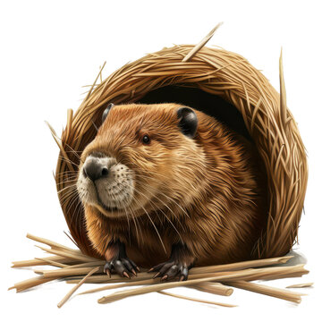 A cute beaver peeking out from its cozy nest made of twigs and straw, showcasing its rich fur and curious expression.