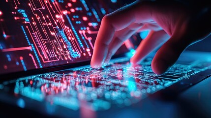 Fototapeta premium Software engineer's hand resting on a laptop keyboard, with a digital circuit board design reflected on the screen.