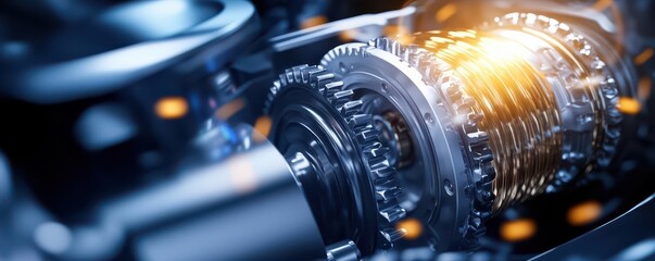 Obraz premium Close-up of intricate mechanical gears with glowing elements in a modern engine.