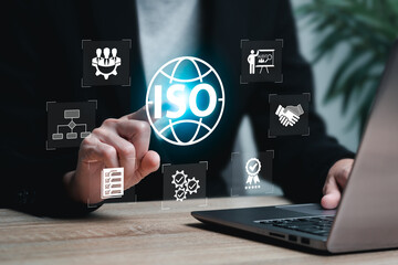 ISO, International Organization Standardization, Global International Standards concept, Businesswomen touch representation of ISO certification of product, Quality assurance, Document control