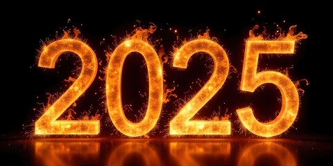 The number 2025 is written in fire. The letters are made of fire and are lit up