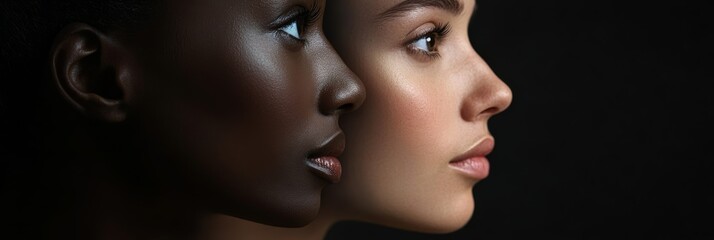 Close-up side profiles of two women from different ethnic backgrounds. Symbolizing diversity, inclusion, and harmony.