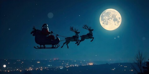 Santa Claus and his reindeer flying through the sky. The reindeer are pulling Santa's sleigh