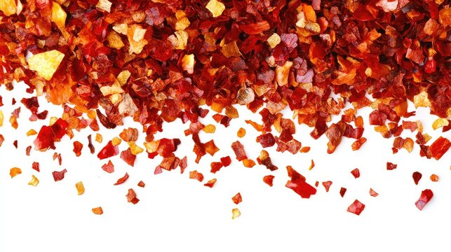 Spicy red chili pepper flakes crushed into a colorful pile, scattered across a plain white background, symbolizing flavor and intensity.