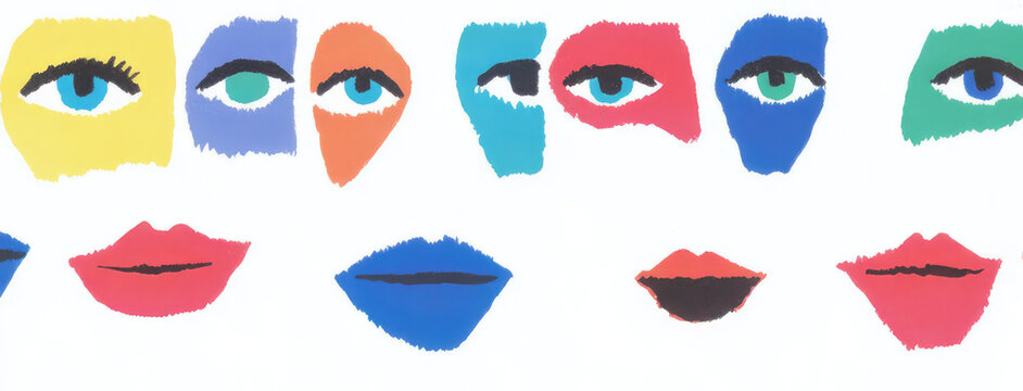 A striking piece of abstract art featuring various colorful lips and eyes set against a bright background, conveying diverse emotions and vivid artistic expression.