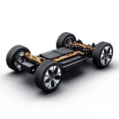 Electric vehicle chassis with battery and wheels, white isolated background