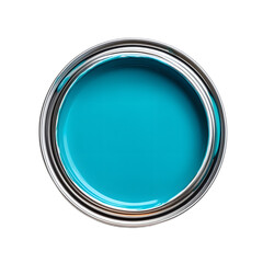 open paint can filled with vibrant cyan paint isolated background