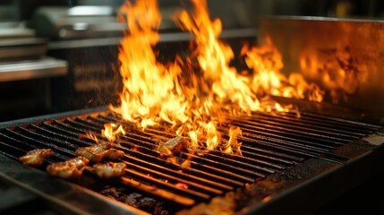 The grill is prepped and hot, with flames licking the metal grates, ready for the food to be placed on for cooking.