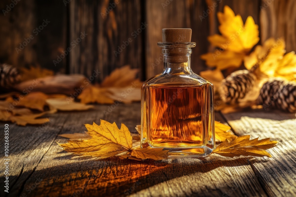 Poster a close-up view of a whiskey bottle surrounded by autumn leaves and rustic wooden accents in a cozy 