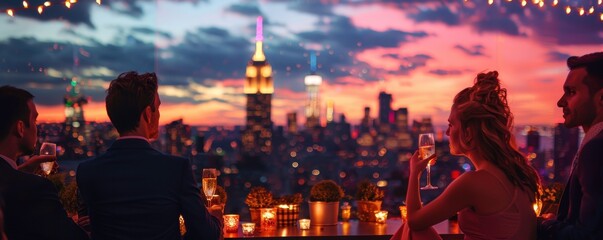 Obraz premium An elegant rooftop party during the holiday season where a group of casually dressed young adults enjoy champagne while overlooking a city skyline adorned with festive lights , Long shot