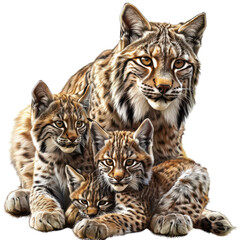 Fototapeta premium A majestic lynx family featuring a parent and three adorable kittens, showcasing their beauty and natural habitat.