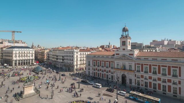 Madrid Spain time lapse high angle view city skyline at Puerta del Sol