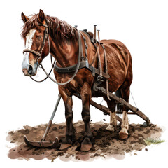 A powerful brown horse with harness, standing proudly in a field, symbolizing strength and agricultural heritage.