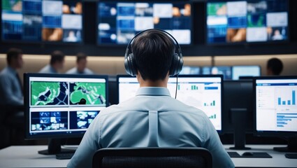 High-Tech Control Room Individual Monitoring Data and Video Feeds in a Collaborative Workspace