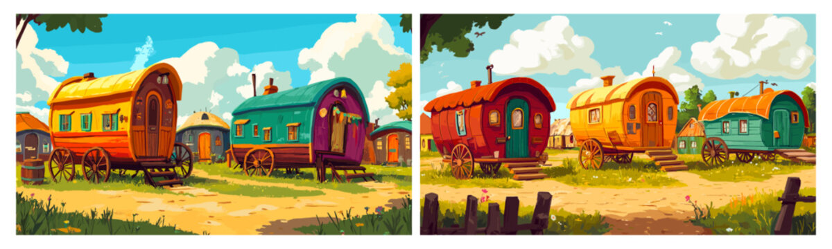 Gypsy camp. Old vintage wagons, houses on wooden wheels for travelers gypsies nation nomadic people home romany vans cartoon background vector illustration