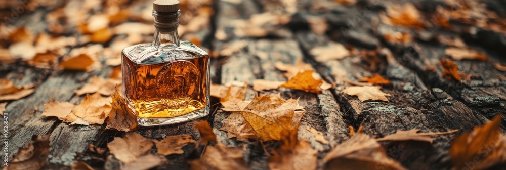 Poster close-up view of a whiskey bottle nestled among autumn leaves on a rustic wooden surface in a tranqu