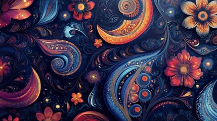 Vibrant Floral Paisley Design Showcasing Bold Colors on Dark Background photo