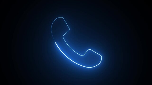 Neon glowing cyan color telephone icon on black background animation