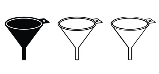 Cartoon metal or plastic funnel. Funnels for household and kitchen. Funnel for filling bottles. Kitchen cooking tools. For filling food, oil, water, fuel, gasoline or diesel. funnels with handle. 