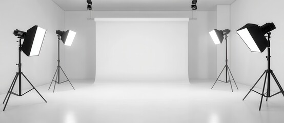 A white photography studio with lights and cameras, set up for professional photoshoots. The space is empty of any furniture or models, creating an ideal background for product photography.