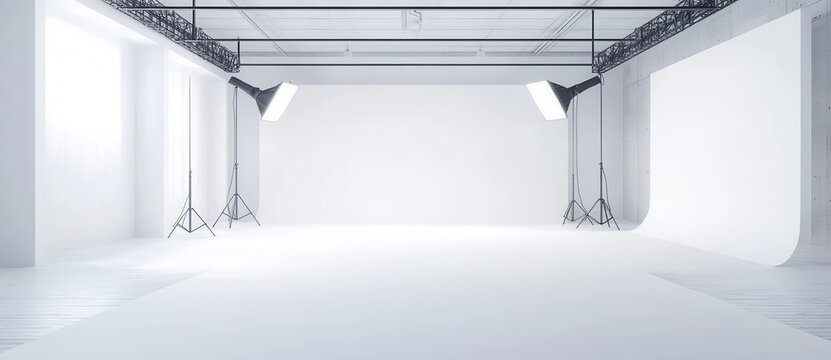 Studio with a white background and lighting equipment, creating an empty space for creative advertising. The large floor is covered in soft light to highlight the product photography. 