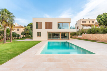 Fototapeta premium Modern villa with a swimming pool in a serene neighborhood, surrounded by greenery and residential buildings on a sunny day