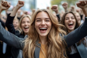 Fototapeta premium Happy excited businesswomen rejoicing at corporate success. Team of women wearing office suits, making winner gestures, smiling and shouting for joy. Business leadership, Generative AI