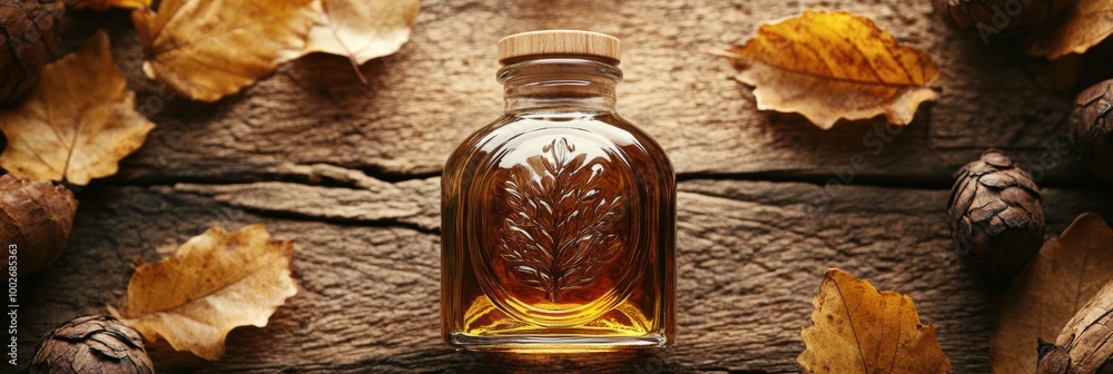 Poster a close-up of a whiskey bottle surrounded by autumn leaves on a rustic wooden table, capturing the e