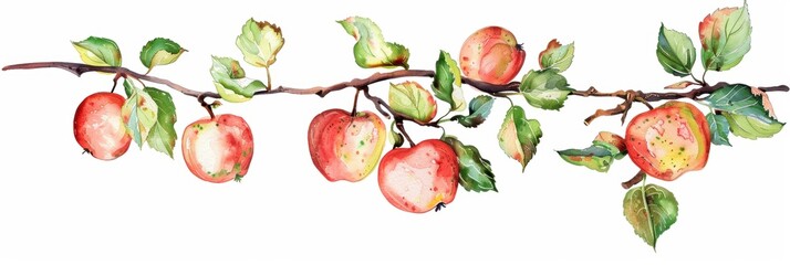 Watercolor painting of a branch of apple fruit with leaf