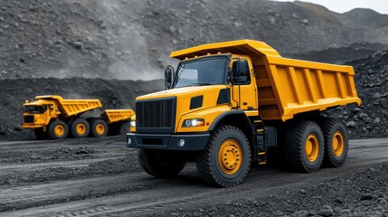 A fleet of large yellow mining trucks drives along a dirt road in a unique open-pit mine, featuring a visually striking, digitally manipulated atmosphere