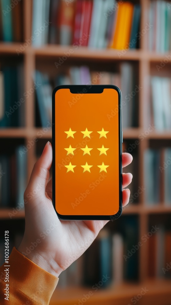 Poster smartphone displaying five star reviews on a bright screen, set against a library backdrop. focus on