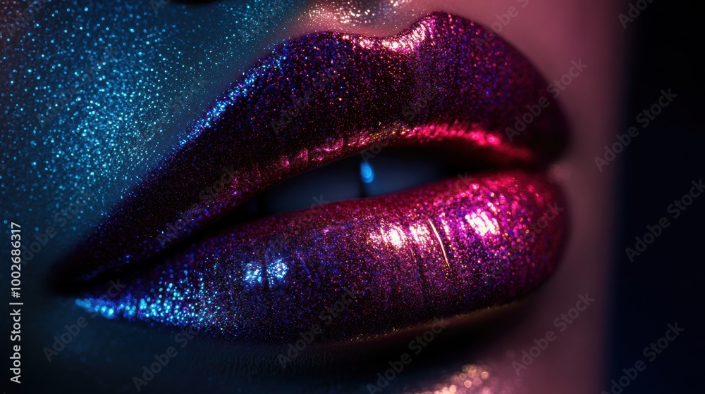 Poster close-up of glossy lips showcasing vibrant shades and a shiny finish under colorful lighting. genera
