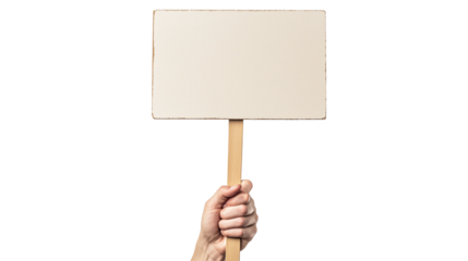 Hand holding wooden stick or blank protest sign isolated on transparent or white background
