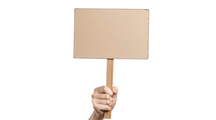 Hand holding wooden stick or blank protest sign isolated on transparent or white background