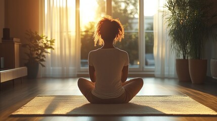 A woman sits on a rug in a room with a window