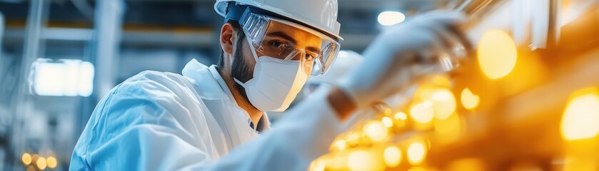 Obraz premium Industrial factory floor with workers wearing protective gear and safety signage, Factory safety, Secure work environment