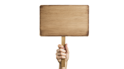 Hand holding wooden stick or blank protest sign isolated on transparent or white background