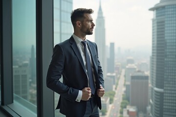 Fototapeta premium Contemplative Businessman Looking at City Skyline Against Urban Background