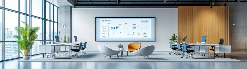 Fototapeta premium Inviting white office interior with modular desk setups, centered around a mock-up wall displaying a digital dashboard for productivity tracking