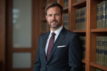 Confident Professional with Friendly Expression Standing in Law Library