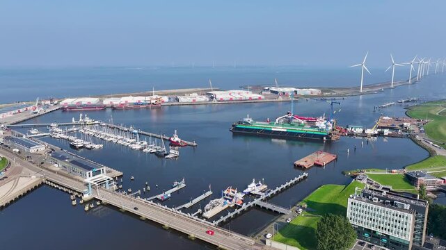Delfzijl, Groningen Netherlands - October 1st 2024: Aerial view of the harbor