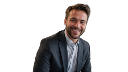 弁護士事務所のCEOが透明な背景に描く、幸せな笑顔とリーダーとしての自信。生成AI