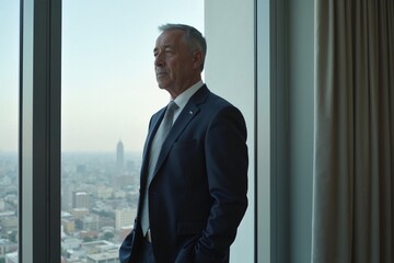 Fototapeta premium Mature businessman contemplative looking out office window against cityscape