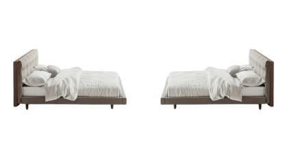 modern double bed set featuring two stylish beds with plush headboards and soft white bedding. Perfect for contemporary bedroom design, offering comfort and elegance