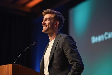 Confident Speaker Smiling Enthusiastically During Conference Presentation Against Colorful Stage Backdrop