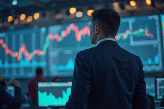 Businessman with focused mood analyzing stock market charts against glowing screens