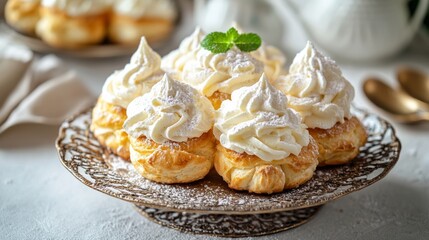 Delicious cream puff pastries on a decorative plate with a mint garnish