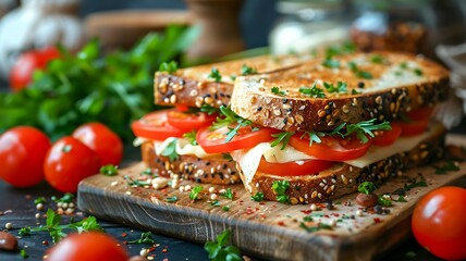 Stack of bread wholewheat homemade healthy food tasty delicious meal as breakfast lunch with fresh tomato cheese epicure toast lettuce culinary organic meat slice cookery vegetable ingredient, ham