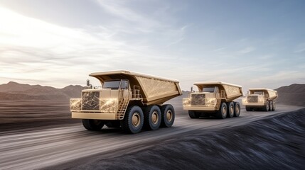 Fototapeta premium A fleet of large yellow mining trucks drives along a dirt road in a unique open-pit mine, featuring a visually striking, digitally manipulated atmosphere