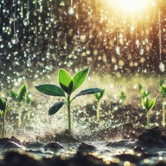 Super slow motion macro of splashing rain water drops are falling on young fresh rural farmland agricultural plantation fertilized field ground at 1000 fps., photo
